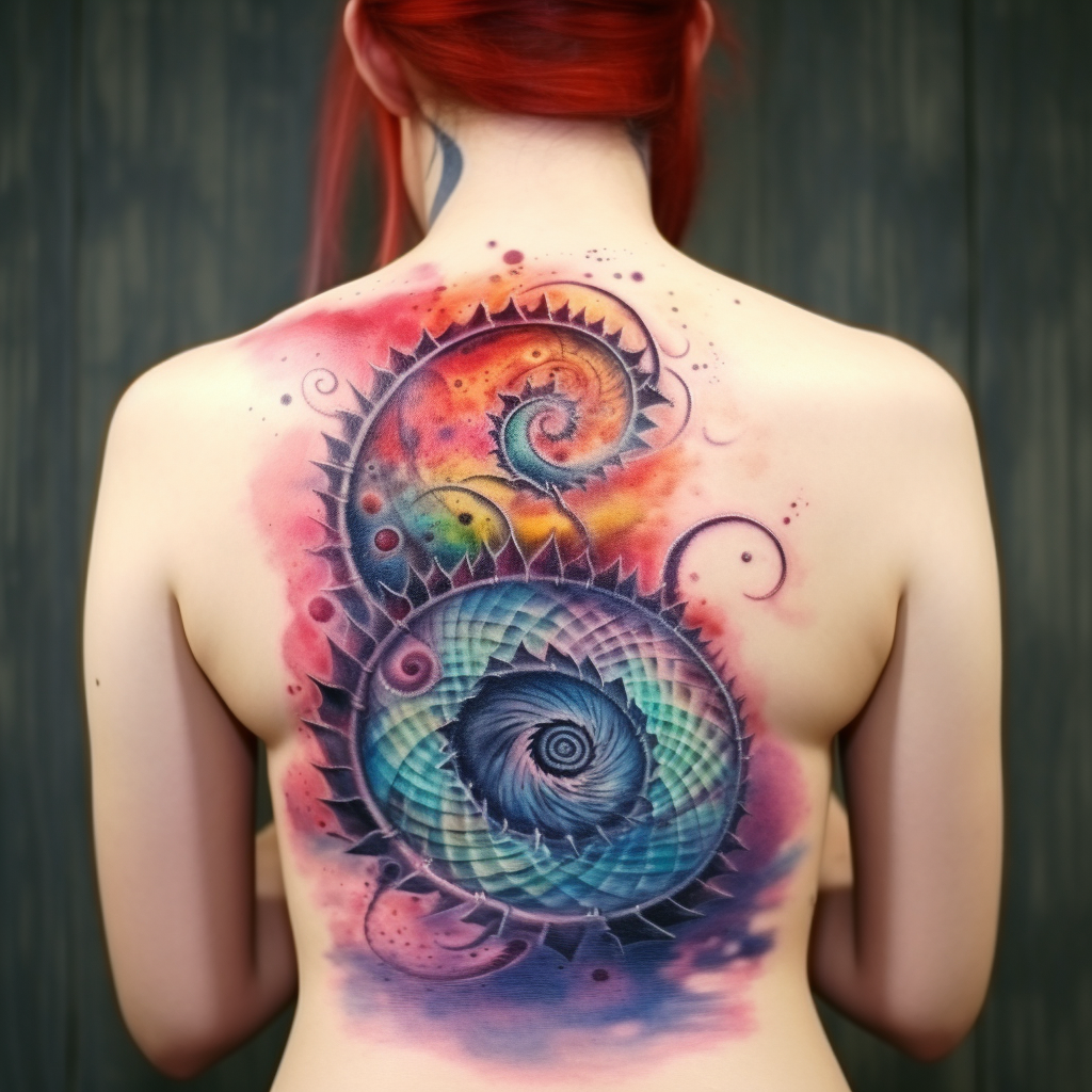 colourful-tattoos,Watercolor Spiral Back Tattoo