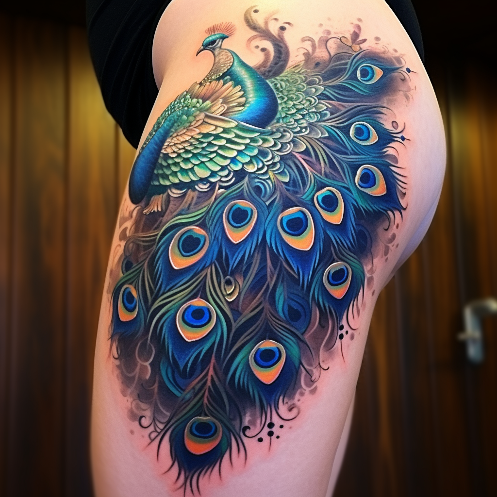 animal-tattoos,Peacock Thigh Tattoo
