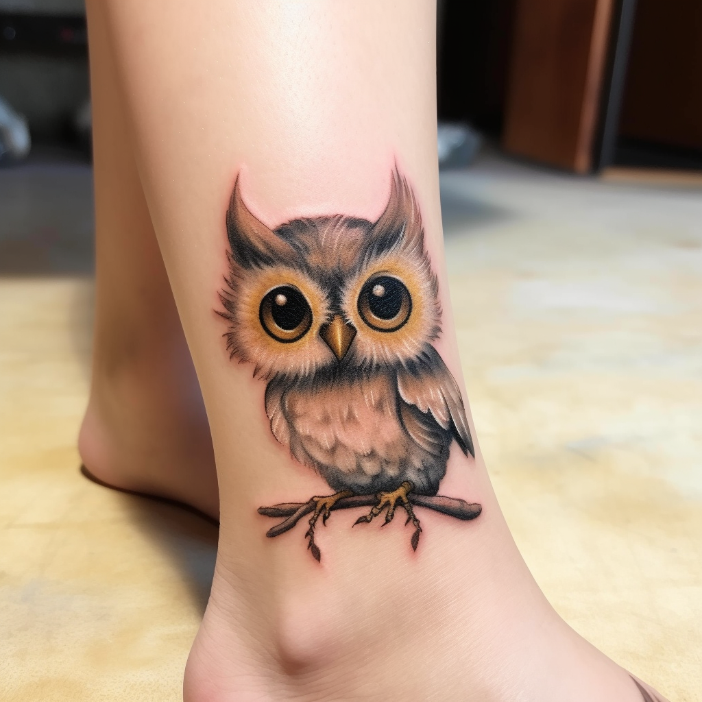 a tattoo,birds,Baby Owl Ankle Tattoo