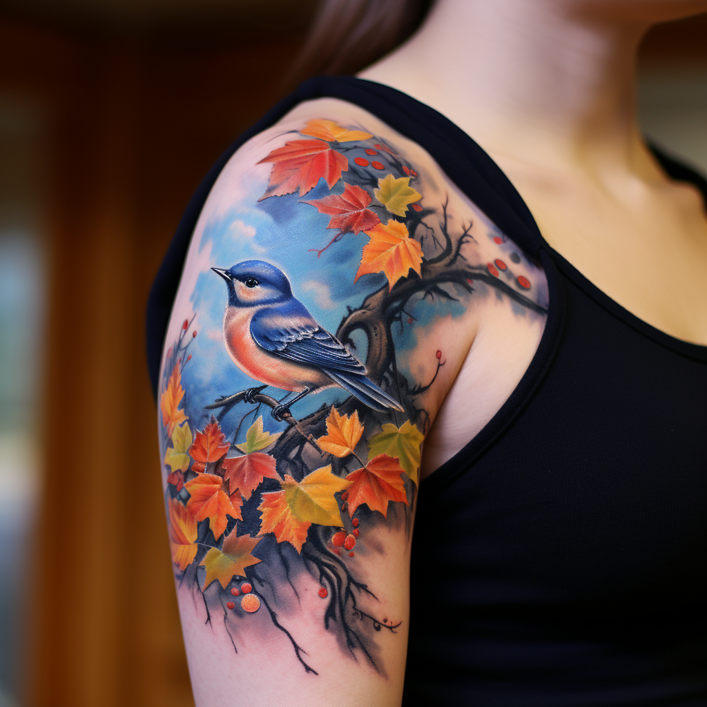 a tattoo,birds,Blue Tits & Autumn Leaves