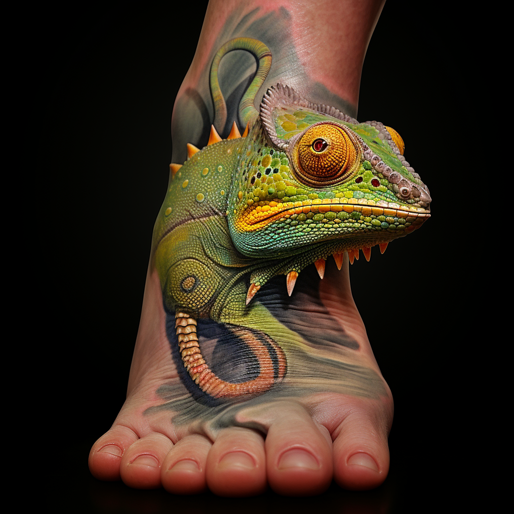 3d-tattoos,Cameleon Foot Tattoo