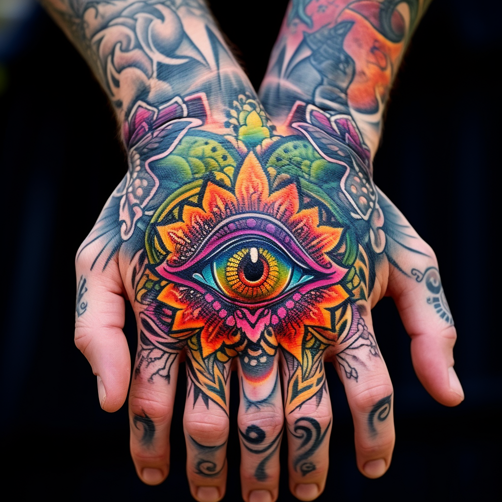 colourful-tattoos,Color Hand Mandala