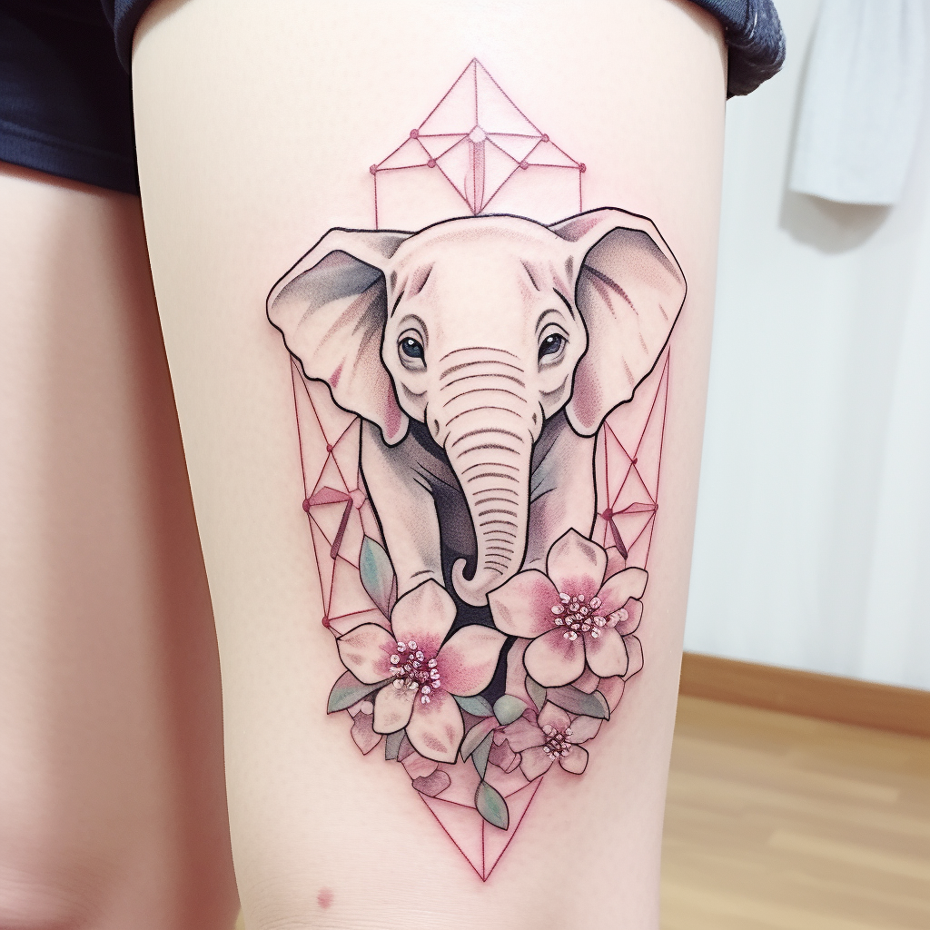 cute-tattoos-2,Geometric Elephant & Cherry Blossom