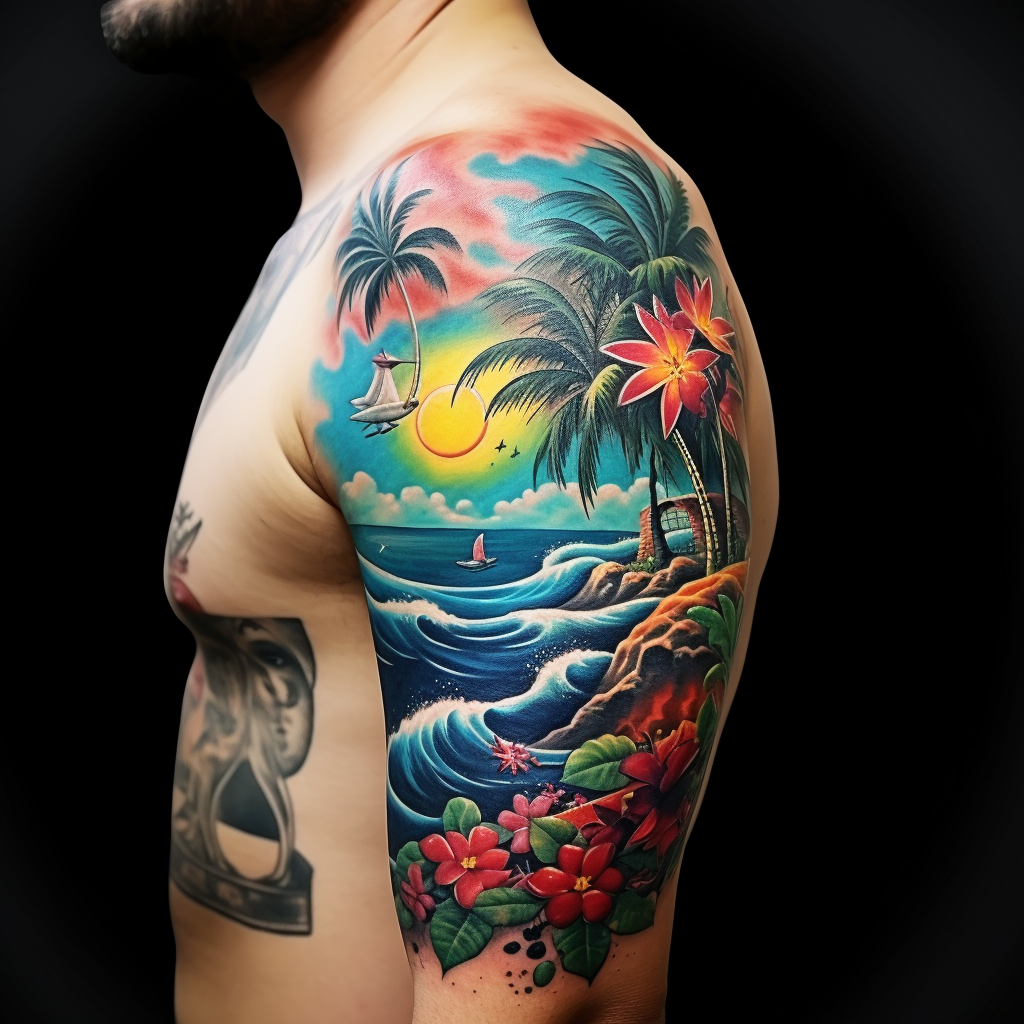 colourful-tattoos,Hawaiian Beach Half Sleeve