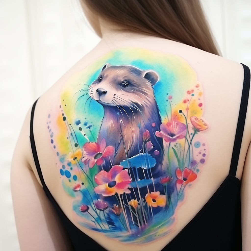 colourful-tattoos,Otter Watercolor Girls Side Tattoo