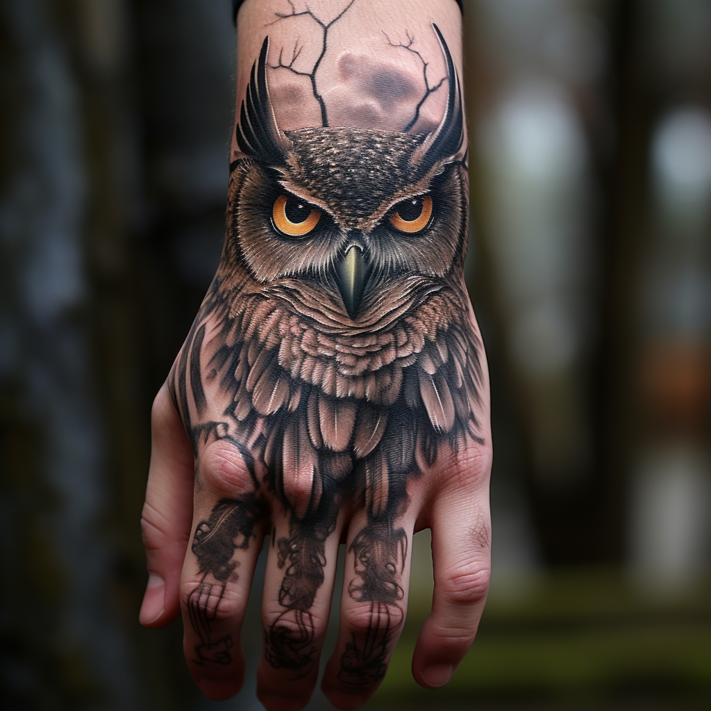 a tattoo,birds,Owl Hand Tattoo