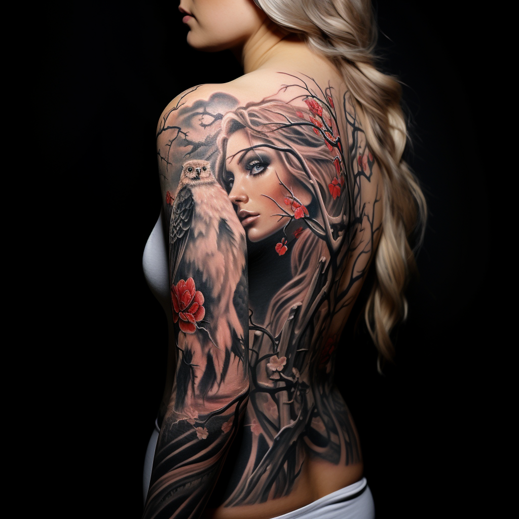 a tattoo,birds,Owl & Lady Side Tattoo