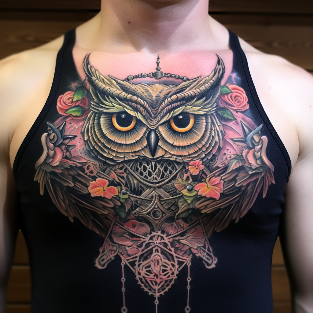 a tattoo,birds,Owl Chest Piece