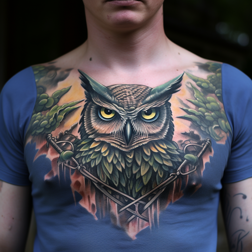 a tattoo,birds,Owl Portrait Men’s Chest Tattoo