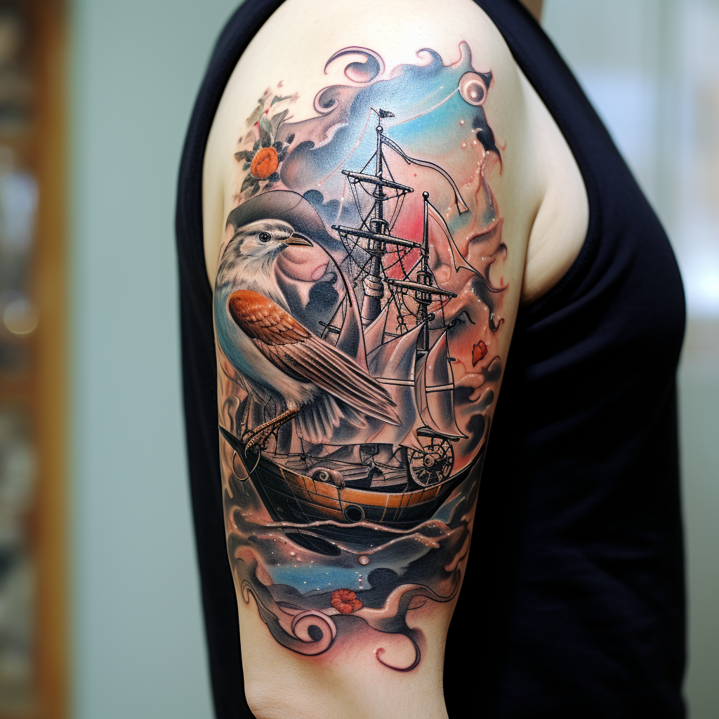 a tattoo,birds,Owl & Sailing Ship