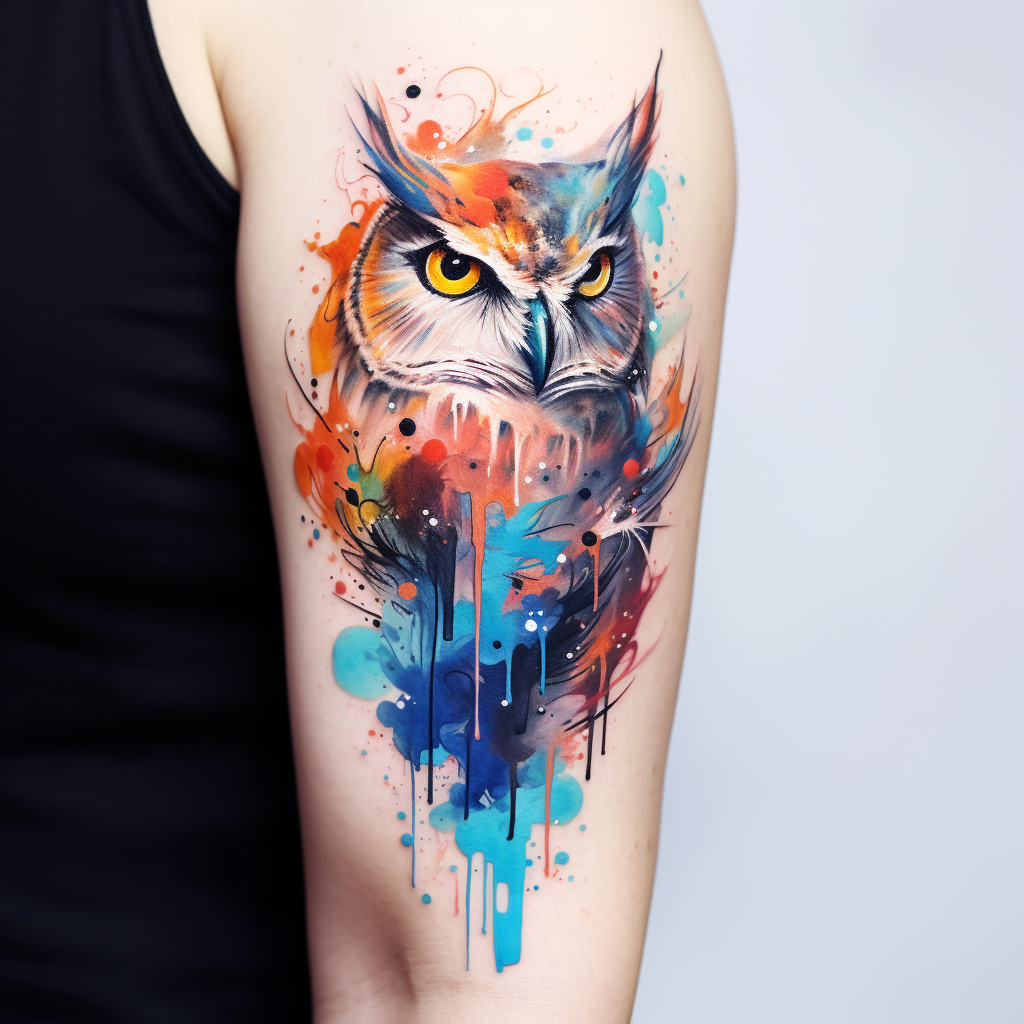 a tattoo,birds,Abstract Owl Watercolor Arm Tattoo