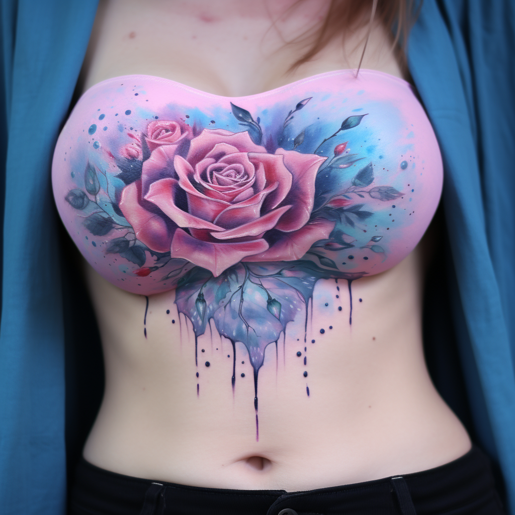 front-tattoos,Pink & Blue Rose Abdomen Piece