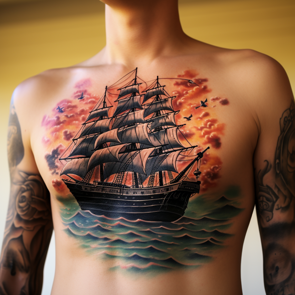 front-tattoos,Sailing Ship Side Tattoo
