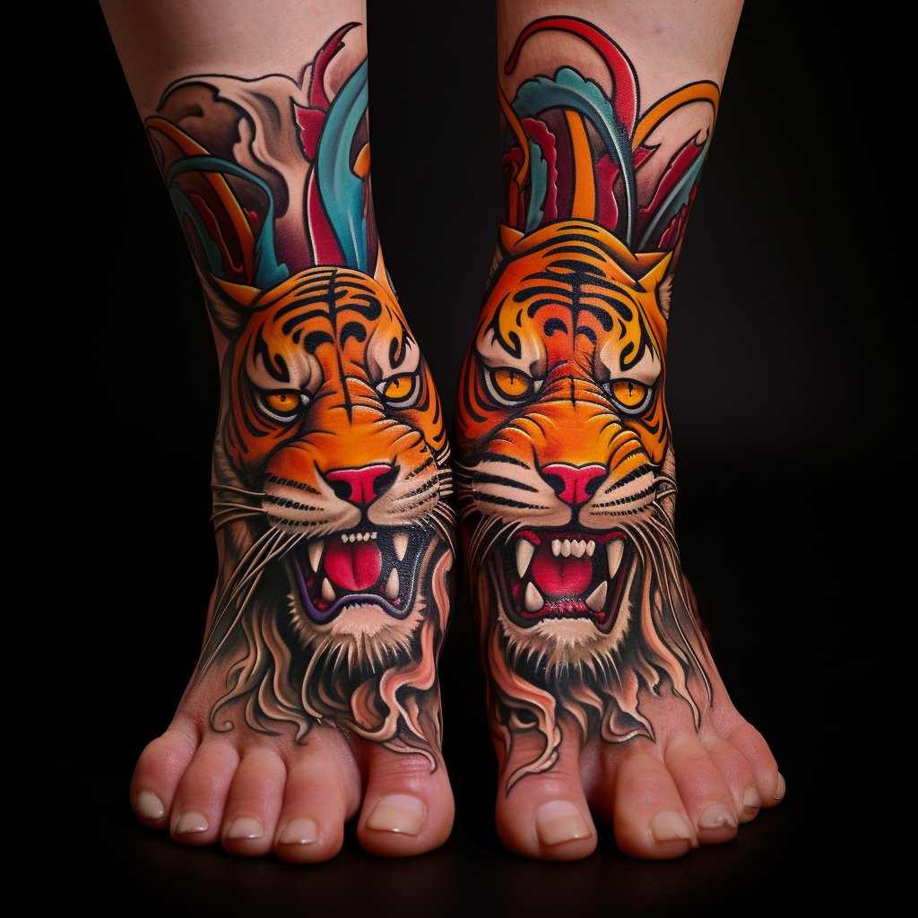 feet-tattoos,Tiger Face Double Foot